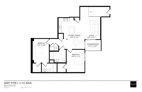 Floor plan for 2 beds, 2 baths, 1199 sqft